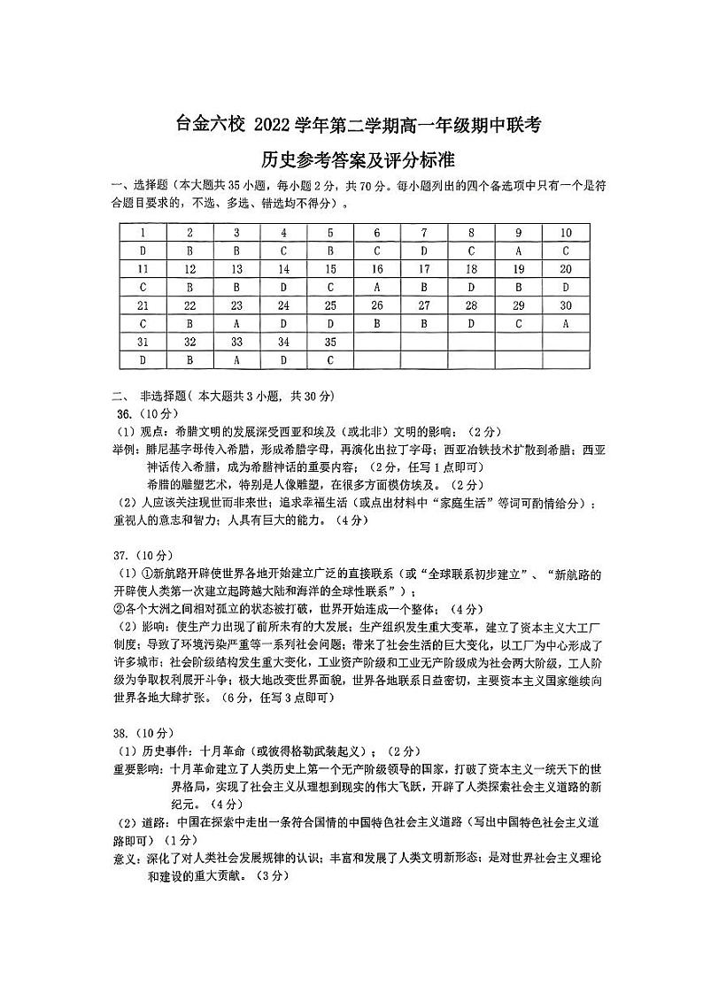 2022-2023学年浙江省台州市六校高一下学期期中联考历史试题PDF版含答案01
