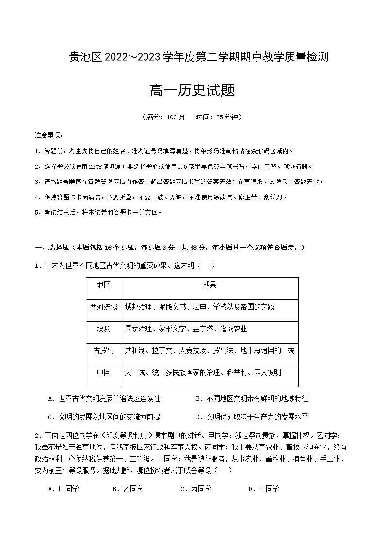 2022-2023学年安徽省池州市贵池区第二学期高一期中教学质量检测历史试题含答案第1页