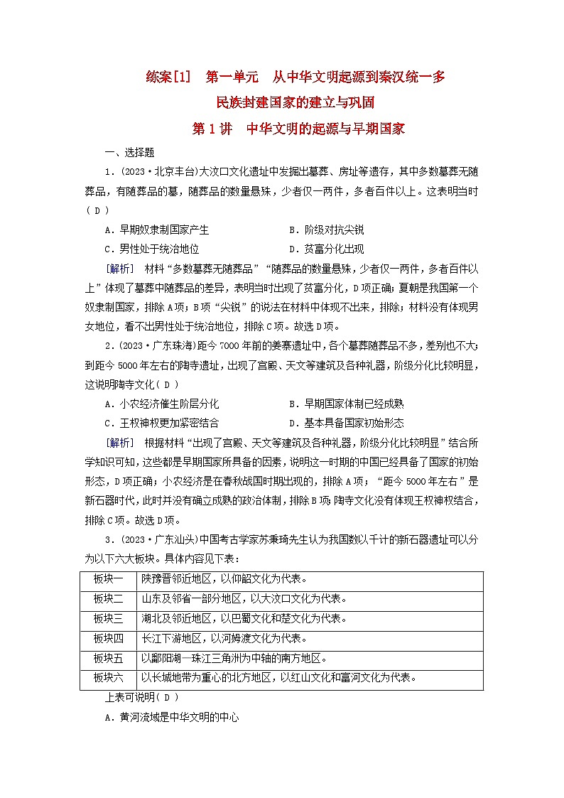 新教材适用2024版高考历史一轮总复习练案1第一单元从中华文明起源到秦汉统一多民族封建国家的建立与巩固第1讲中华文明的起源与早期国家01