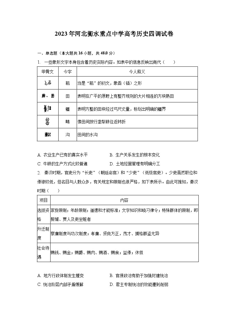 2023年河北衡水重点中学高考历史四调试卷（含解析）第1页