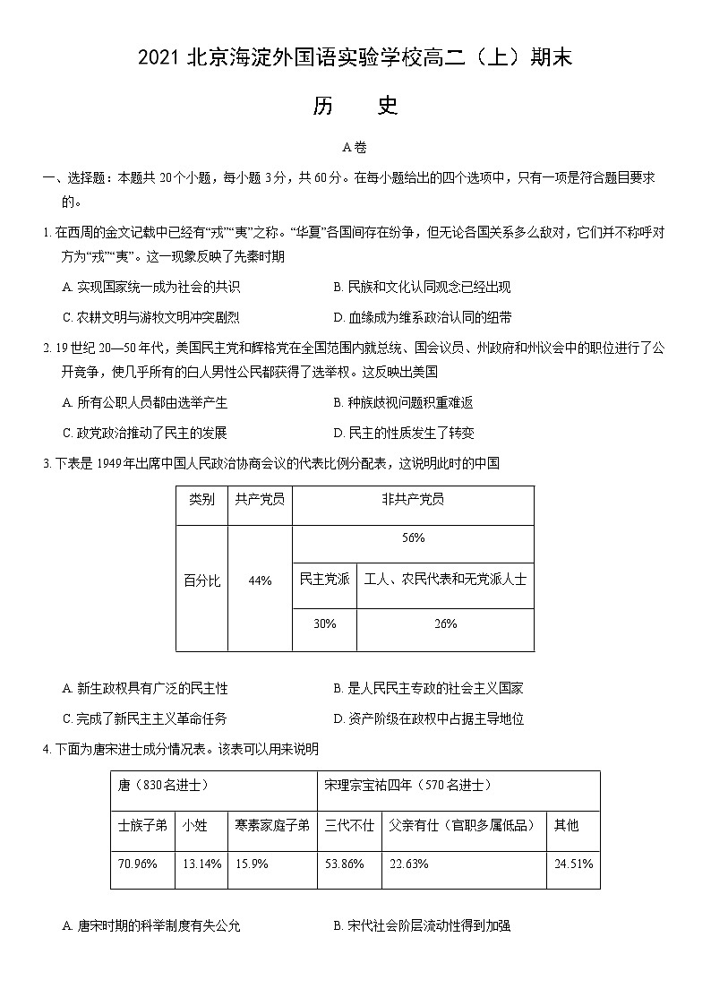 2021北京海淀外国语实验学校高二（上）期末历史（教师版） 试卷01