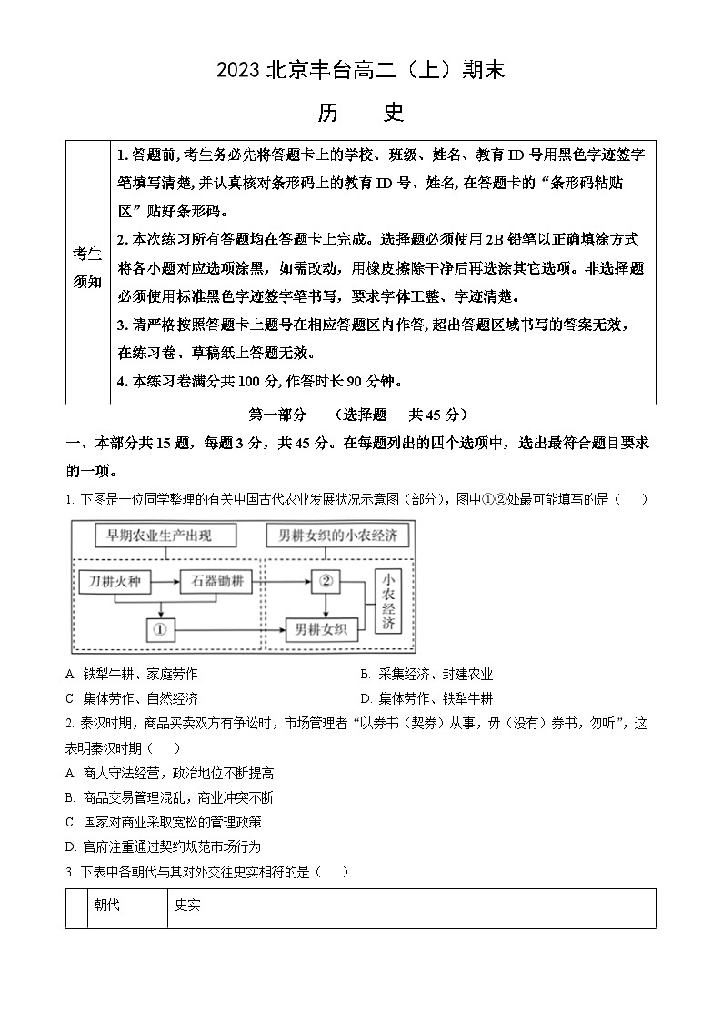 2023北京丰台高二（上）期末历史（教师版） 试卷01