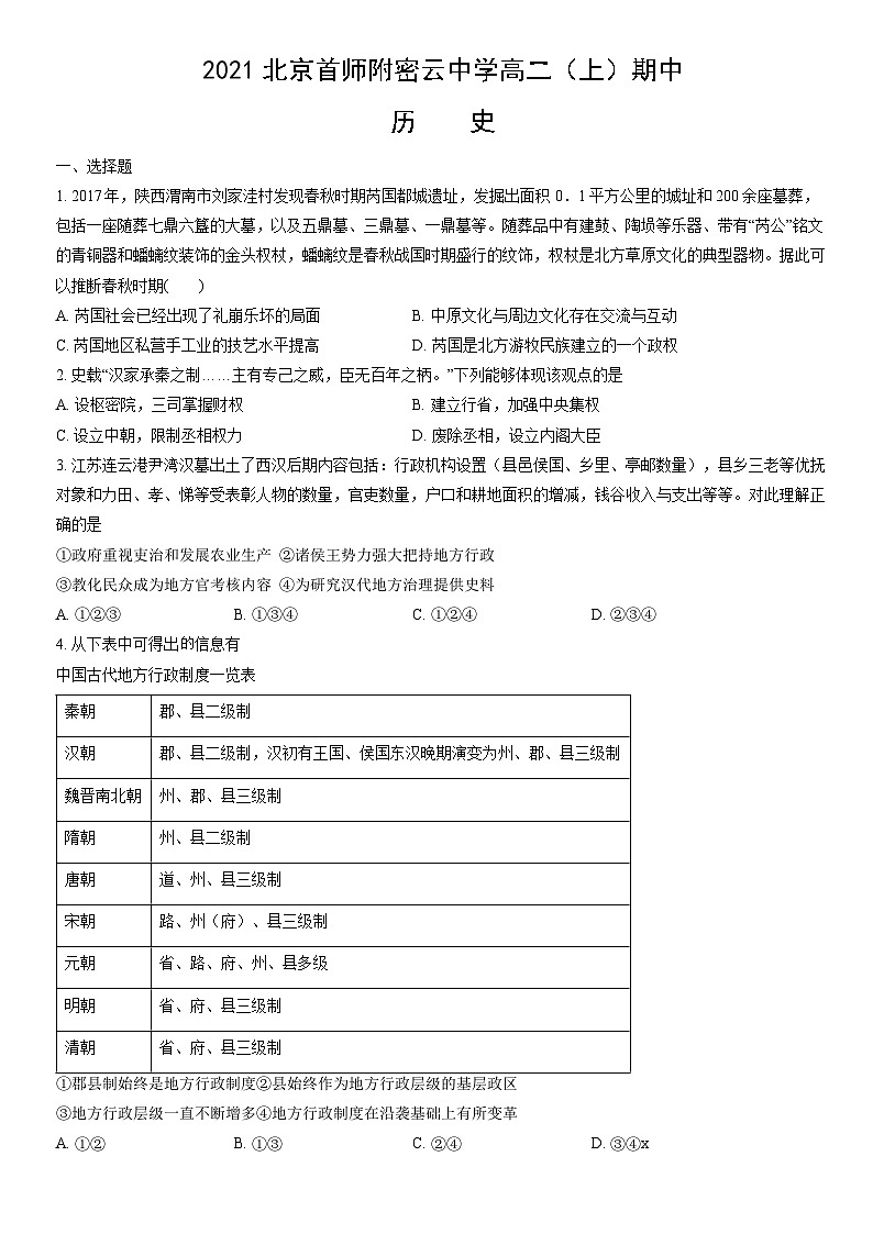 2021北京首师附密云中学高二（上）期中历史（教师版）第1页