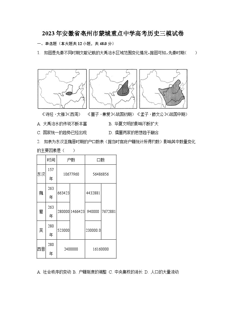 2023年安徽省亳州市蒙城重点中学高考历史三模试卷（含解析）第1页