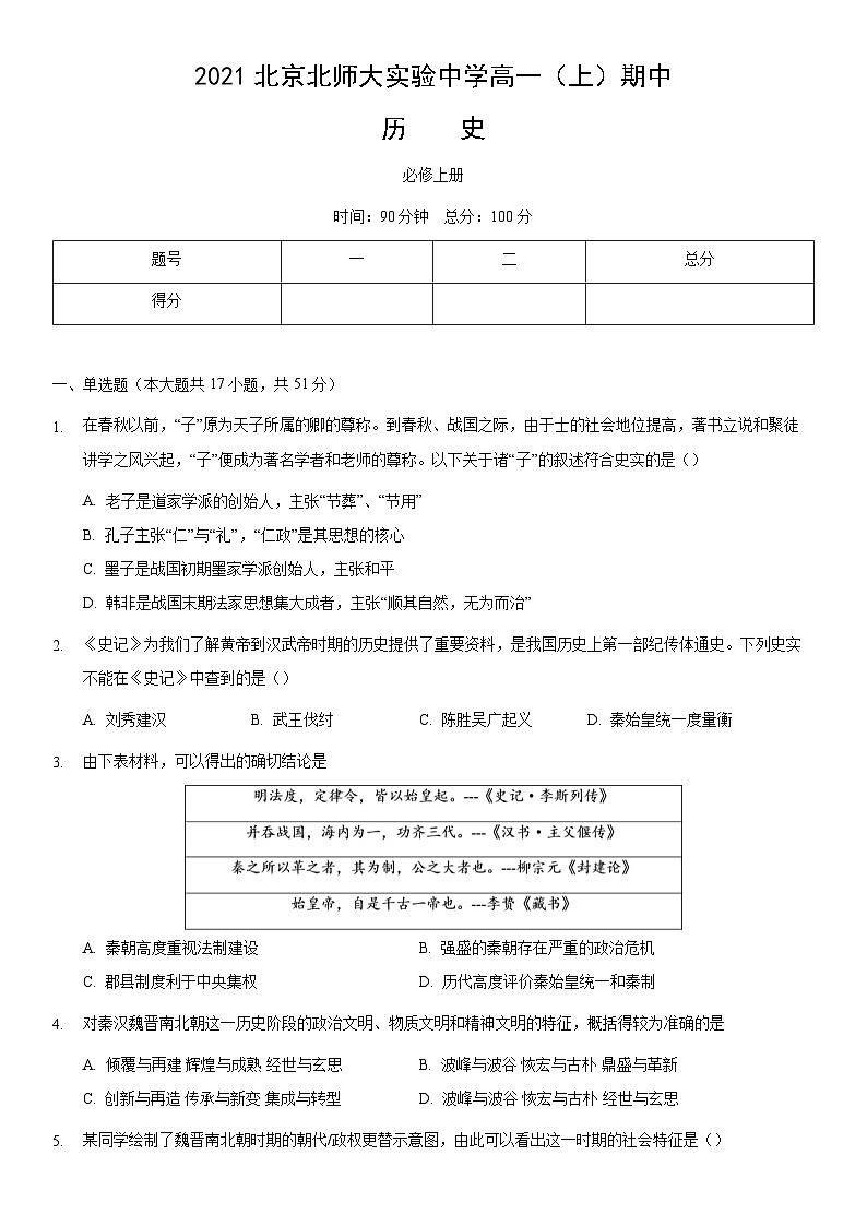 2021北京北师大实验中学高一（上）期中历史（教师版） 试卷01