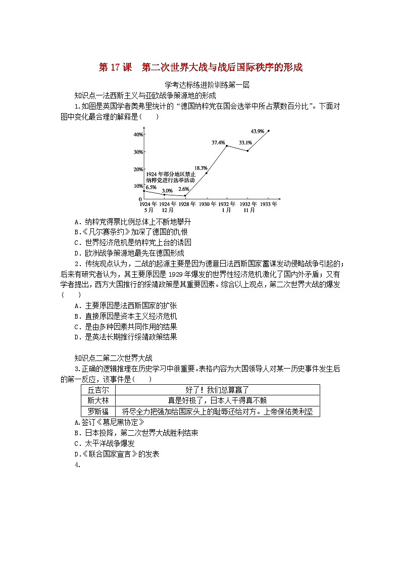2023版新教材高中历史第七单元两次世界大战十月革命与国际秩序的演变第17课第二次世界大战与战后国际秩序的形成课时作业部编版必修中外历史纲要下01