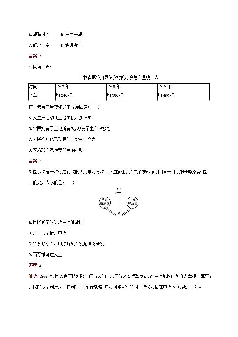 新教材适用2023年高中历史第八单元中华民族的抗日战争和人民解放战争第25课人民解放战争课后习题部编版必修中外历史纲要上02