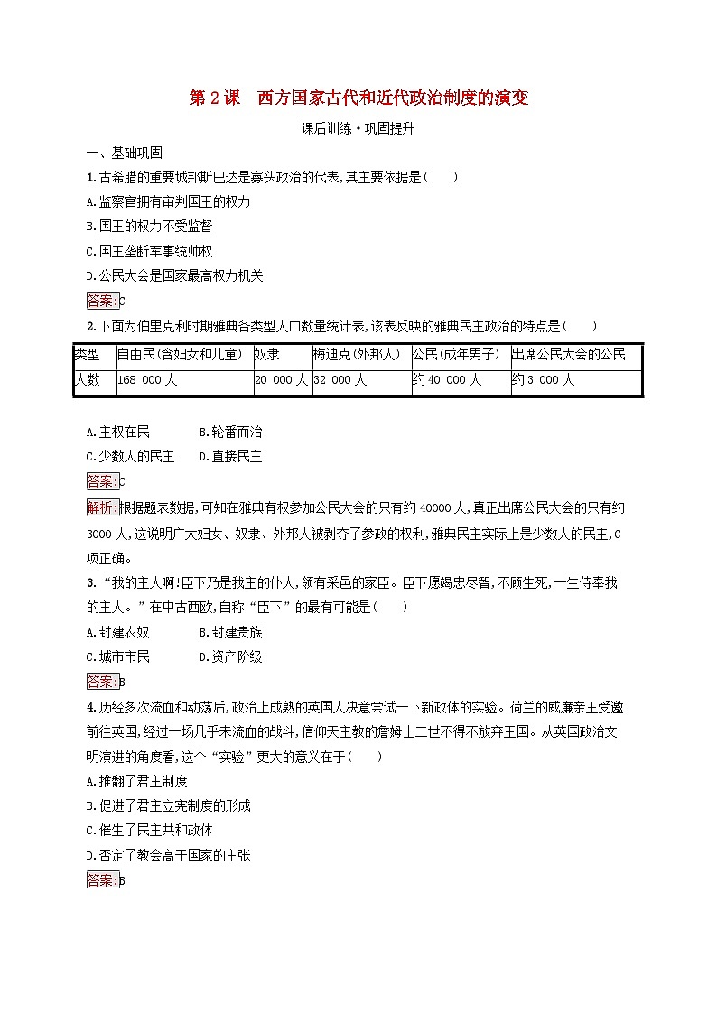 新教材适用2023年高中历史第1单元政治制度第2课西方国家古代和近代政治制度的演变课后习题部编版选择性必修1第1页