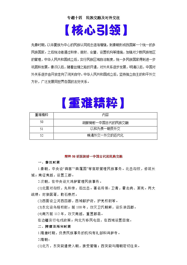 专题14  民族交融及对外交往-高考历史专练（新高考专用）01