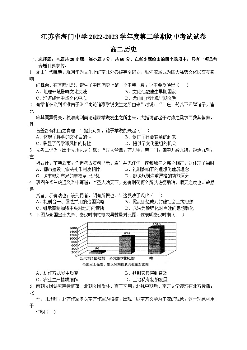 江苏省海门中学2022-2023学年高二历史下学期期中考试试卷（Word版附答案）第1页