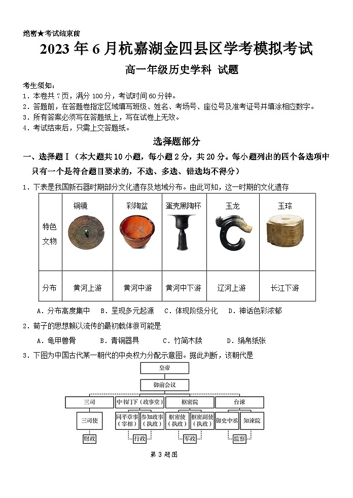 1-杭嘉湖金四县区学考模拟卷（高一历史）第1页