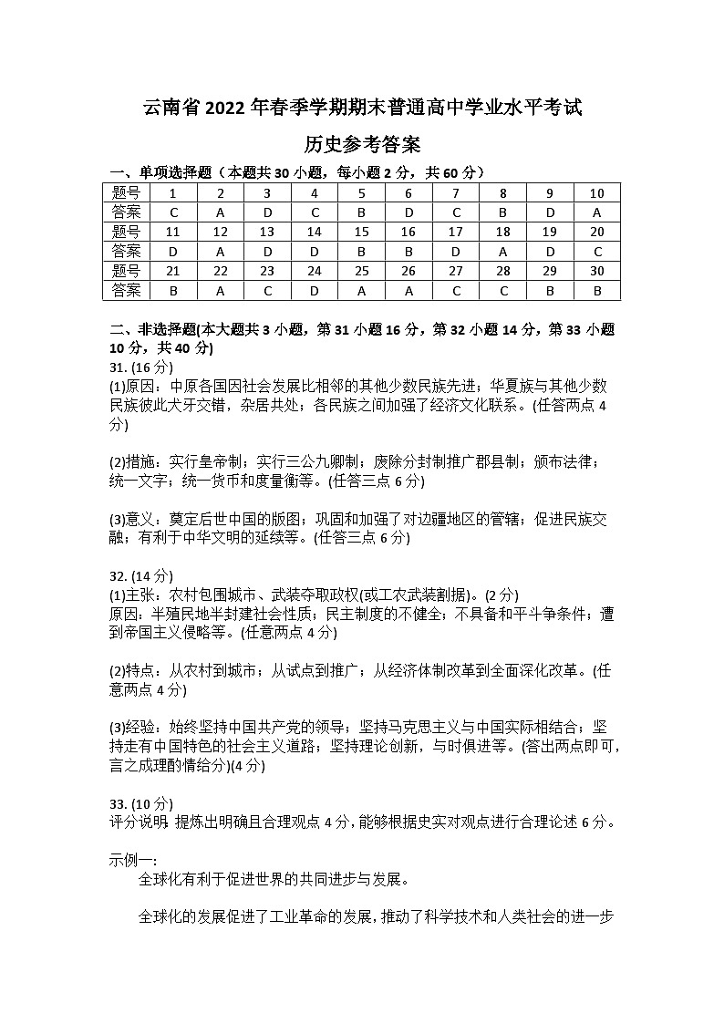 云南省2022年春季学期期末普通高中学业水平考试(历史)试题01
