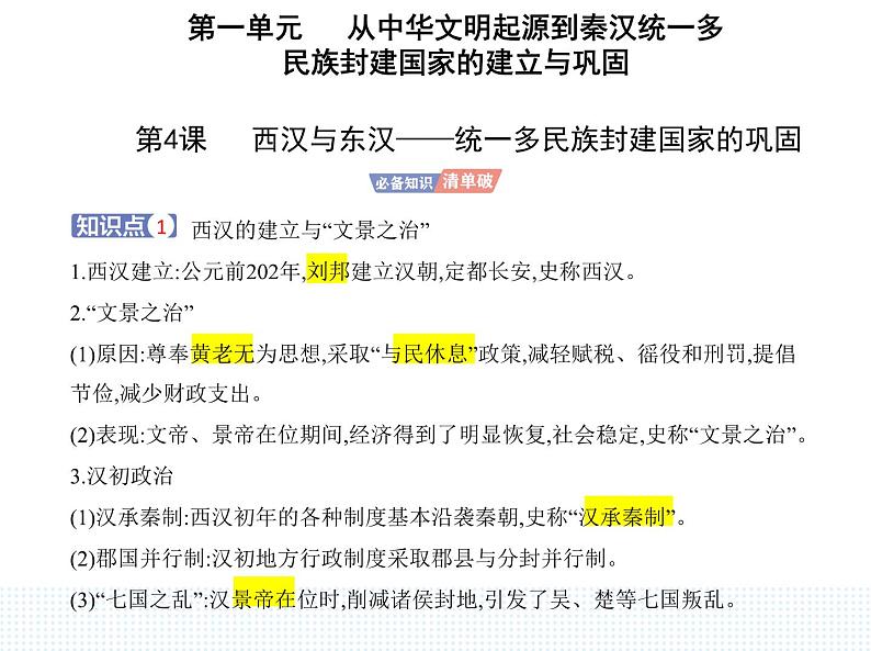 2023人教版高中历史必修中外历史纲要（上）第一单元 从中华文明起源到秦汉统一多民族封建国家的建立与巩固 第4课 西汉与东汉——统一多民族封建国家的巩固课件PPT01