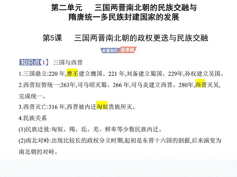 2023人教版高中历史必修中外历史纲要（上）第二单元 三国两晋南北朝的民族交融与隋唐统一多民族封建国家的发展 第5课 三国两晋南北朝的政权更迭与民族交融课件PPT第1页