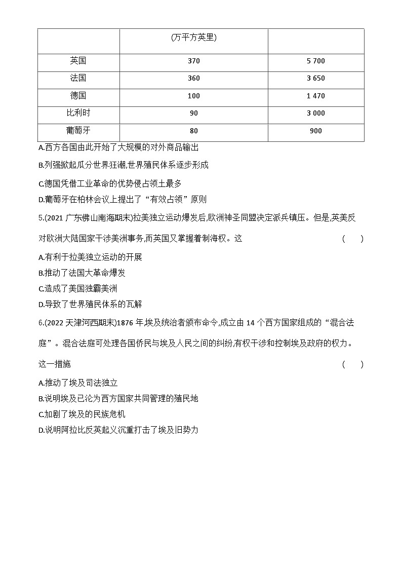 2023人教版高中历史必修 中外历史纲要（下）第六单元 世界殖民体系与亚非拉民族独立运动 专题强化练6 殖民体系的形成与亚非拉民族独立运动02