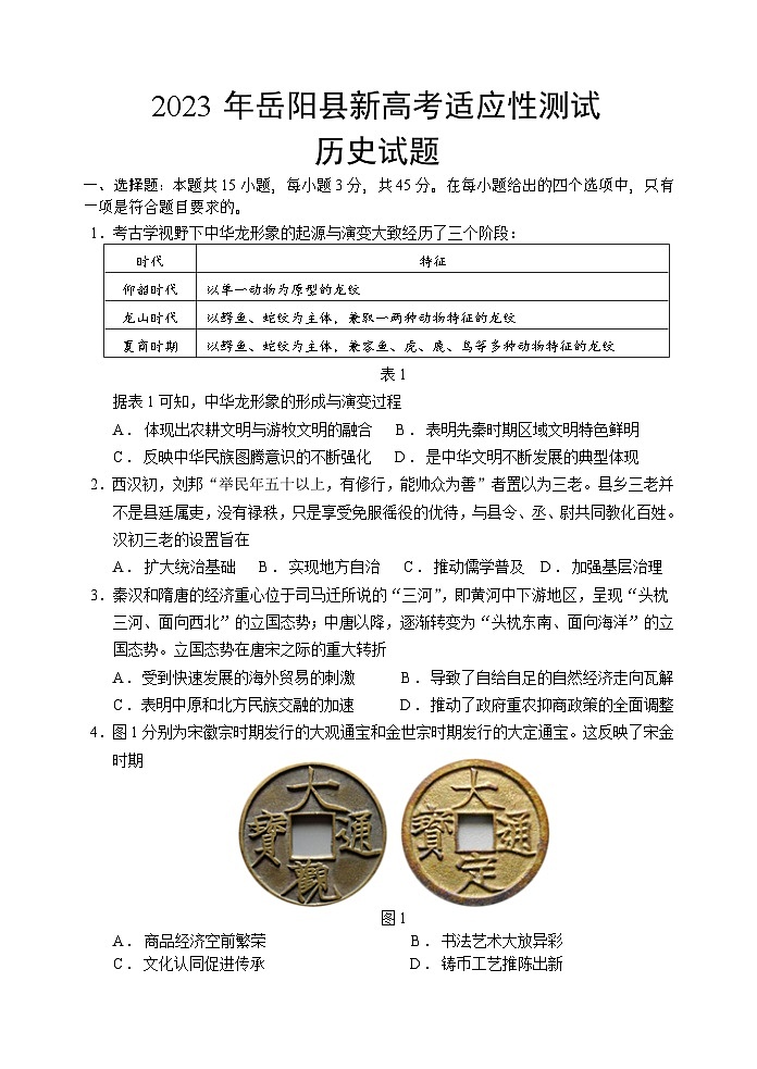 2023届湖南省岳阳市岳阳县高三下学期新高考适应性测试历史第1页