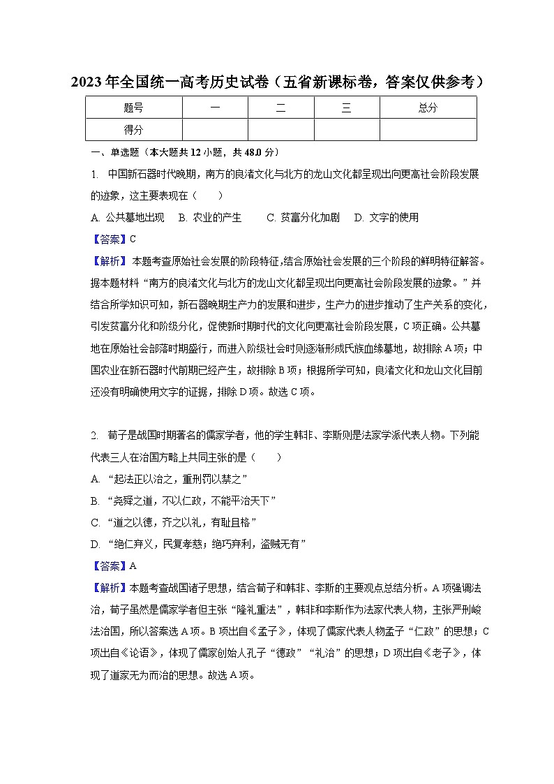 2023年全国统一高考历史试卷（五省新课标卷，答案仅供参考）-教师用卷01