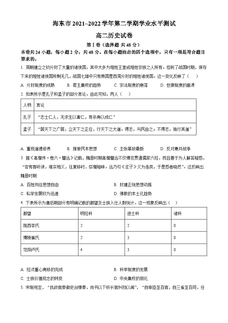 2022青海省海东市高二下学期期末历史试题含解析01