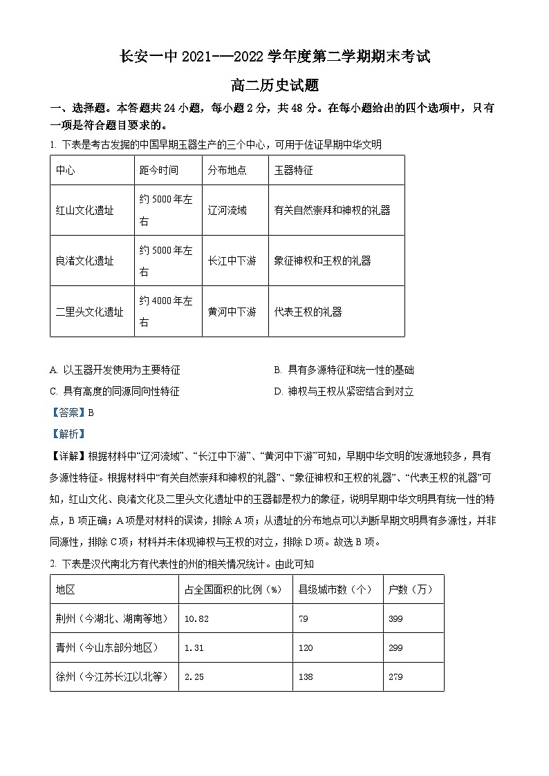 2022西安长安区一中高二下学期期末考试历史试题含解析01