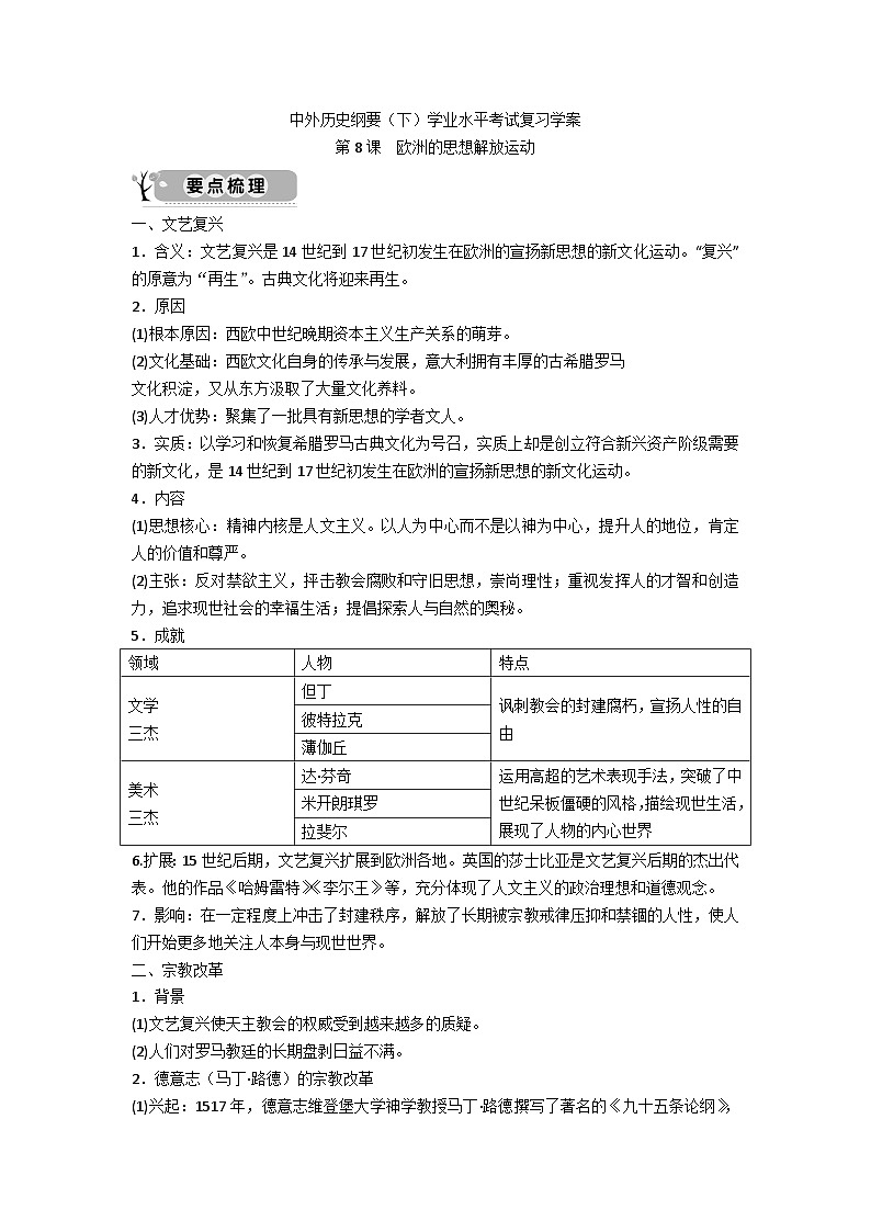 中外历史纲要（下）学业水平考试复习学案  第8课　欧洲的思想解放运动01