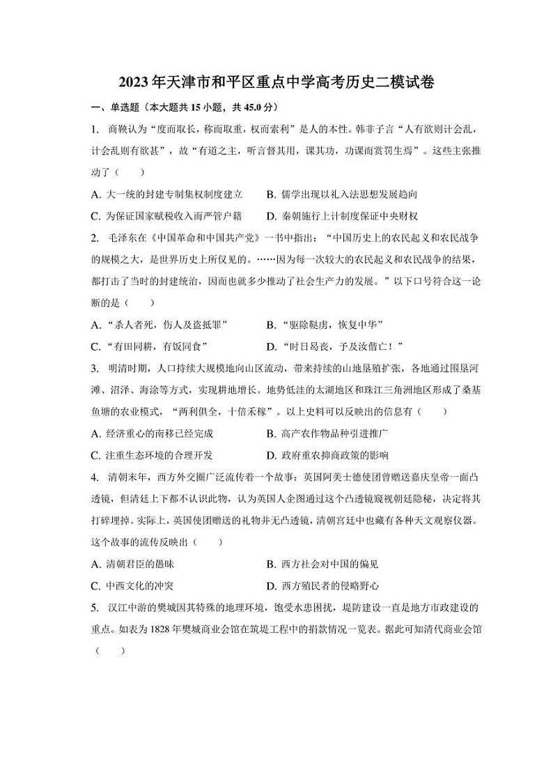 2023年天津市和平区重点中学高考历史二模试卷（含解析）01