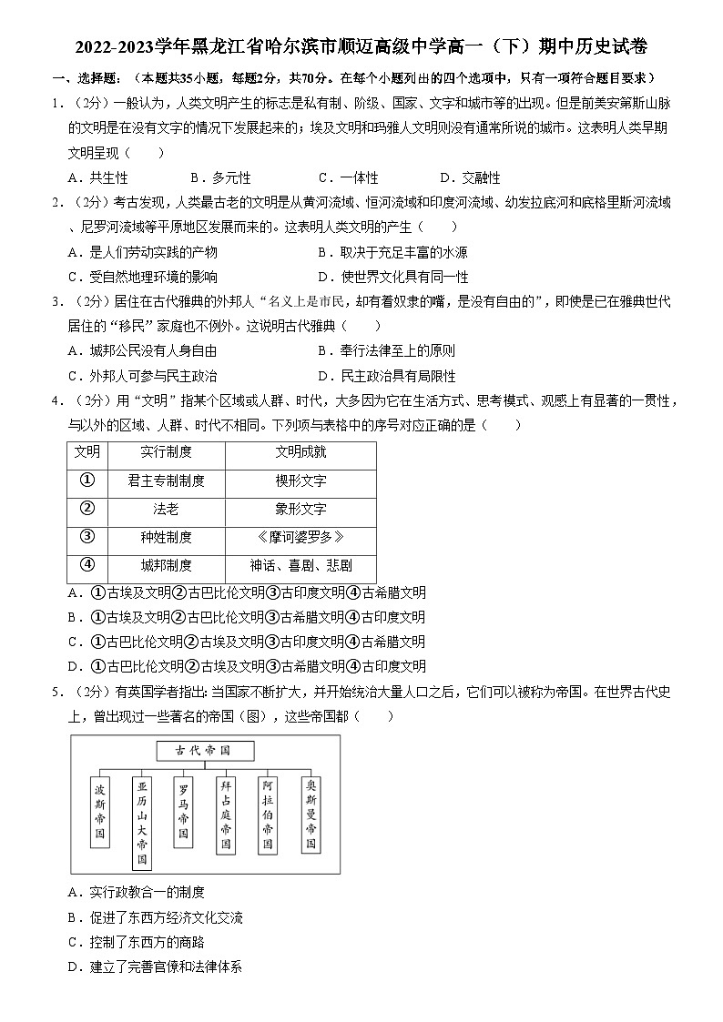 黑龙江省哈尔滨市顺迈高级中学2022-2023学年高一下学期期中考试历史试卷01