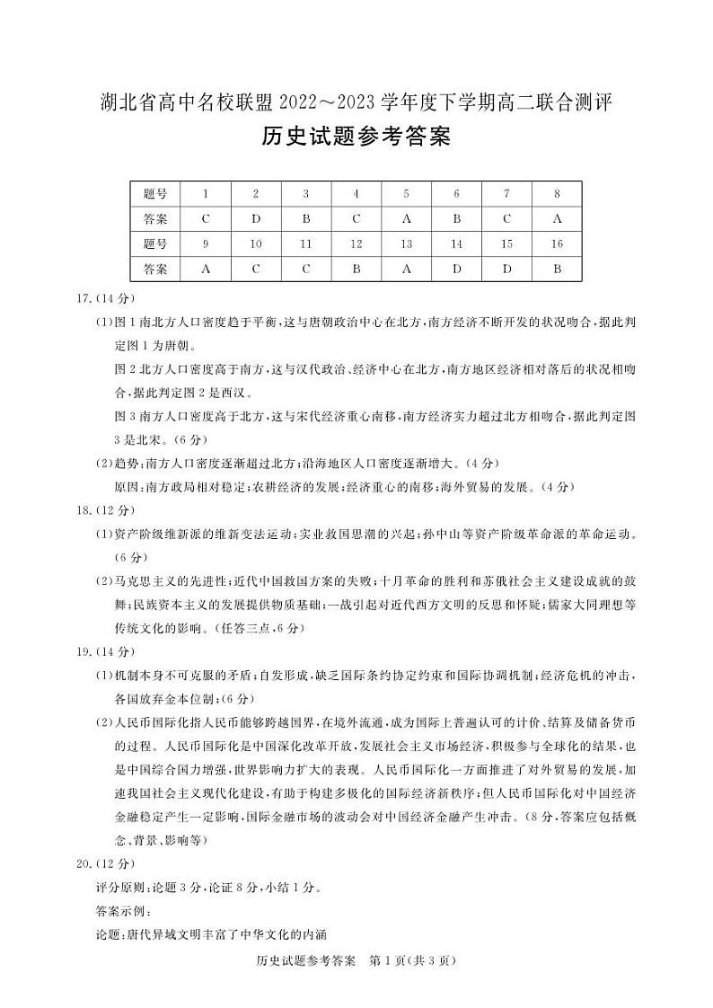 2023湖北省高中名校联盟高二下学期5月联合测评历史PDF版含解析、答题卡01