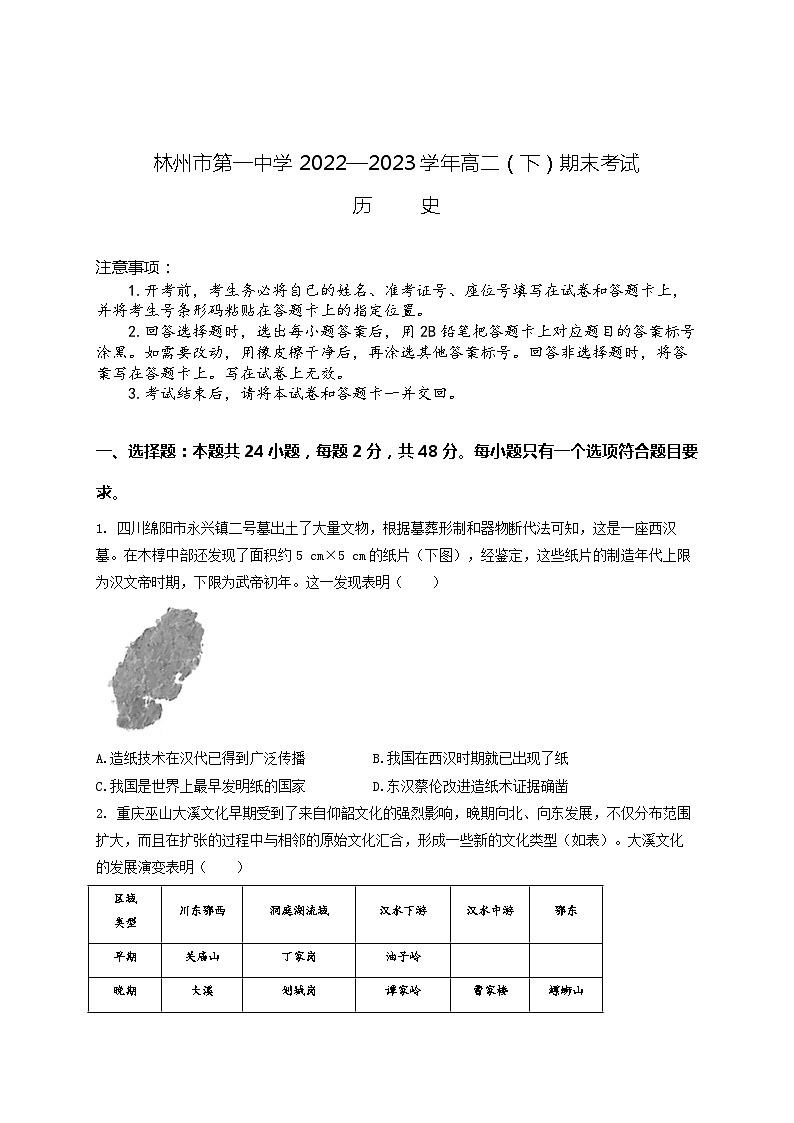 河南省林州市第一中学2022-2023学年高二下学期期末考试历史试题01