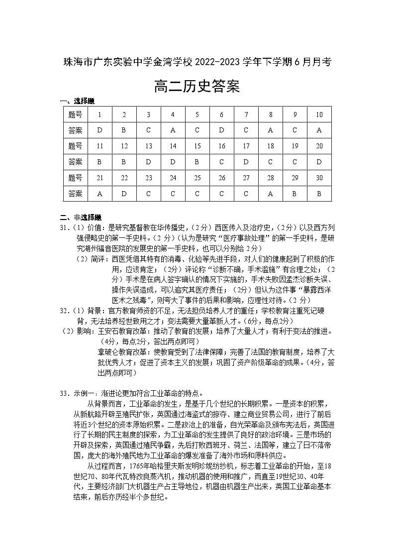2022-2023学年下学期6月月考高二年级历史答案第1页