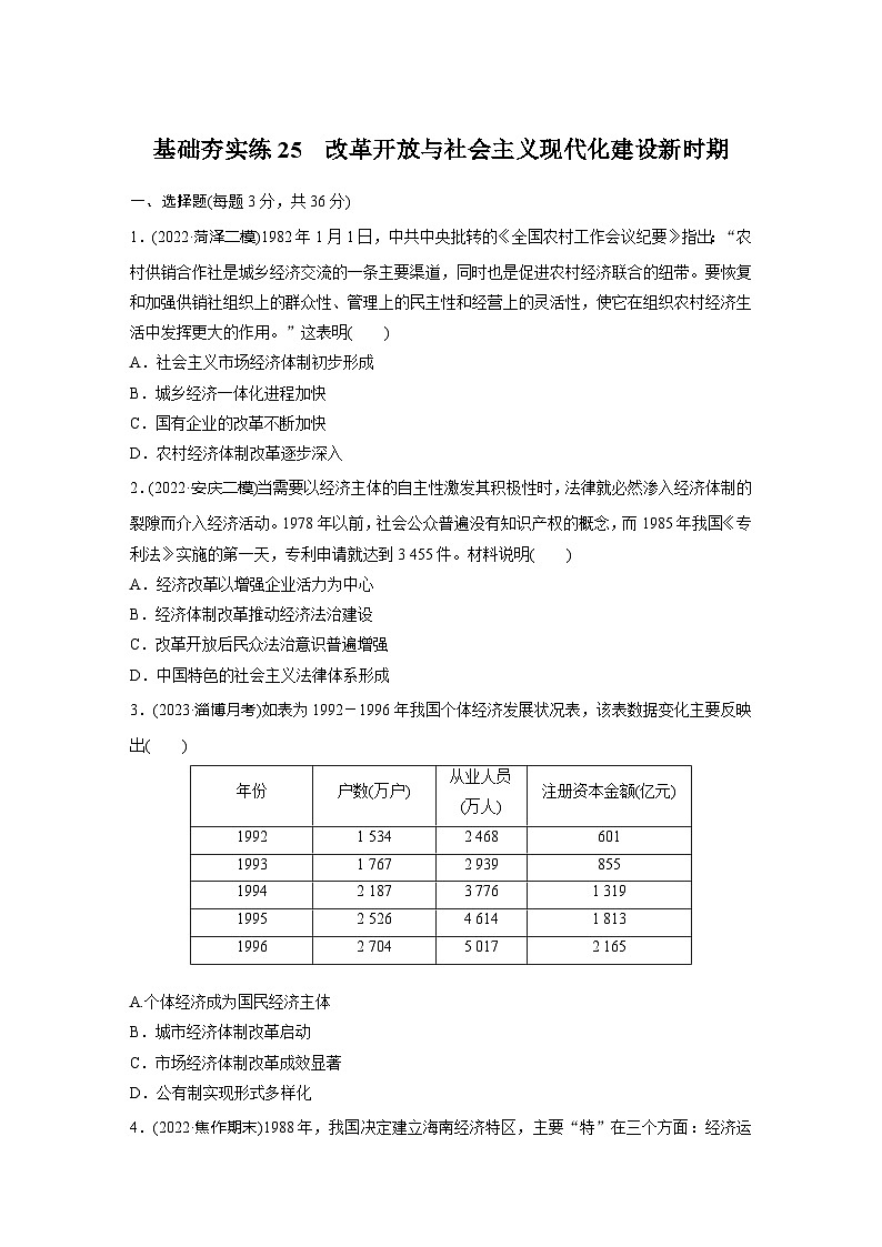 基础夯实练25 改革开放与社会主义现代化建设新时期--2024届高三统编版历史一轮复习第1页