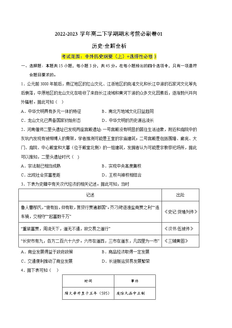 2022-2023学年高二下学期期末考前必刷卷：历史01卷（统编版）（考试版）A401