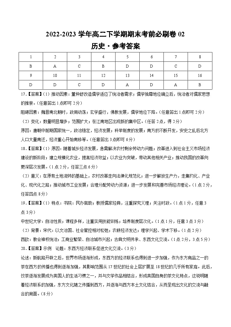 2022-2023学年高二下学期期末考前必刷卷：历史02卷（江苏专用）（中外历史纲要上＋选择性必修3）（参考答案）第1页