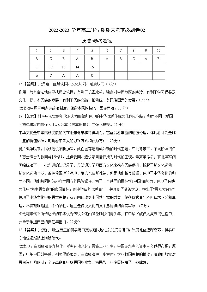 2022-2023学年高二下学期期末考前必刷卷：历史02卷（统编版）（参考答案）01