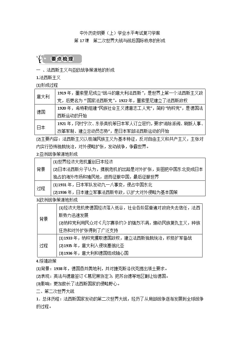 中外历史纲要（下）学业水平考试复习学案  第17课　第二次世界大战与战后国际秩序的形成01