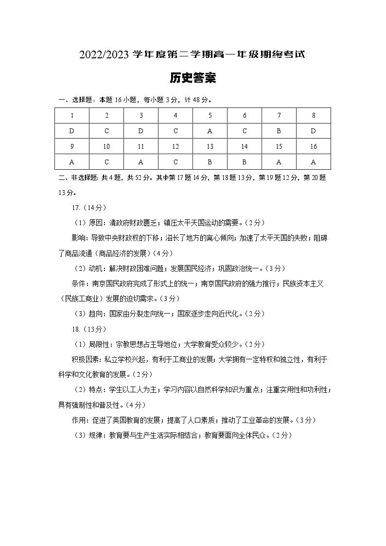 江苏省盐城市2022-2023学年度第二学期高一年级期终考试历史试题(PDF版含答案)01