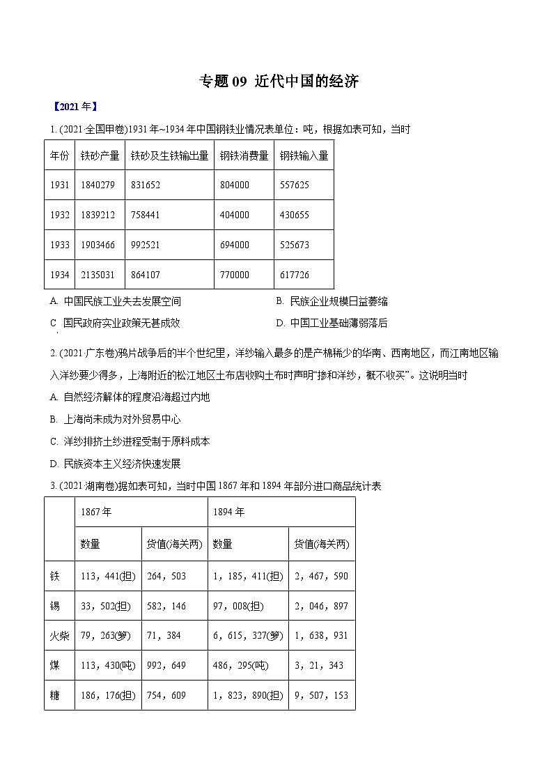 专题09 近代中国的经济（学生版）2012-2021年高考历史真题分专题训练01