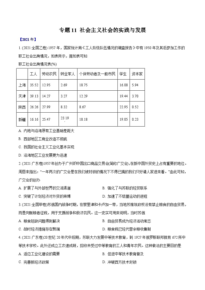 专题11 社会主义社会的实践与发展（学生版）2012-2021年高考历史真题分专题训练01