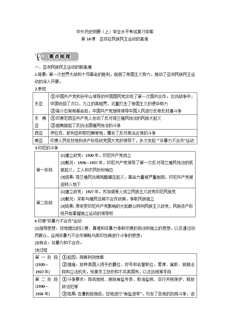 中外历史纲要（下）学业水平考试复习学案  第16课　亚非拉民族民主运动的高涨01