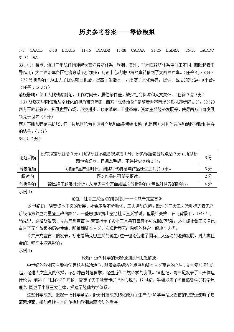 2024届成都七中高二下学期零诊模拟考试历史含答案01