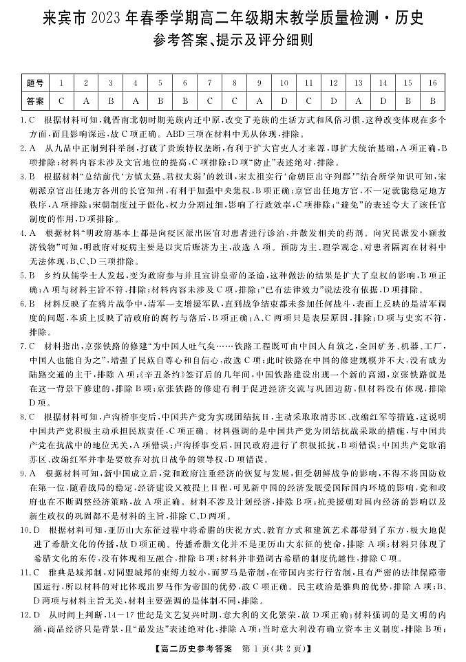 广西壮族自治区来宾市2022-2023学年高二下学期期末教学质量检测历史试题01