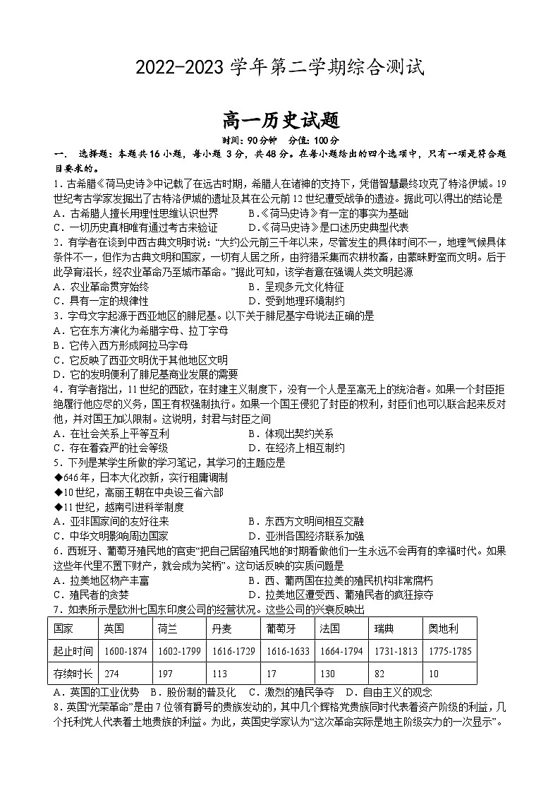 江西省丰城拖船中学2022-2023学年高一下学期期末考试历史试题第1页
