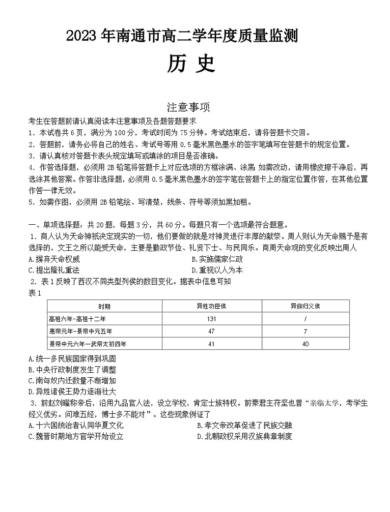江苏省南通市2022-2023学年高二下学期期末质量监测历史试题01