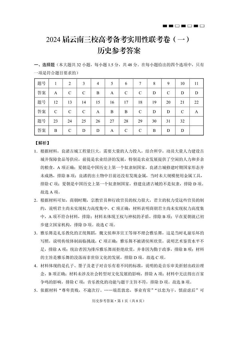 2024届云南三校高考备考实用性联考卷（一）历史答案和解析第1页