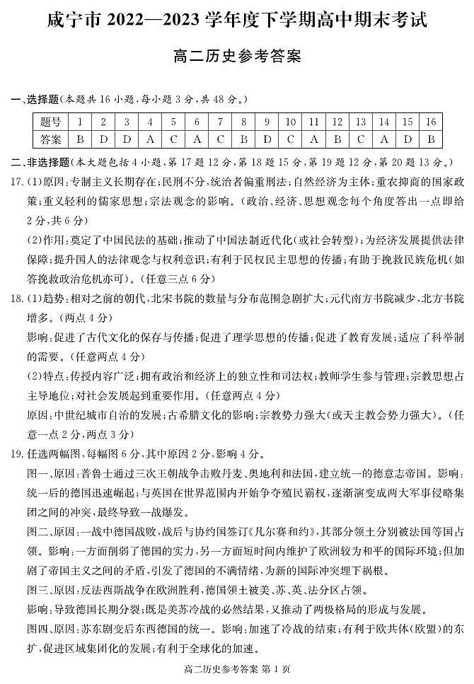 湖北省咸宁市2022-2023学年高二下学期期末考试历史试题答案第1页