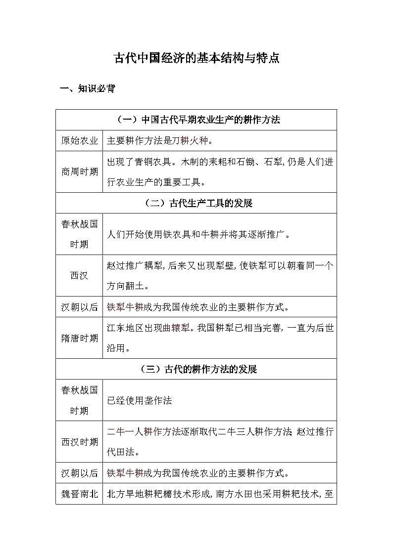 2024届人教版高中历史必背知识点—古代中国经济的基本结构与特点01