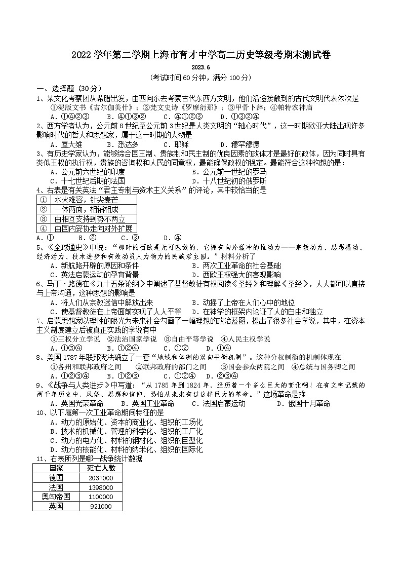 上海市育才中学2022-2023学年高二下学期期末测试历史（等级考）试卷第1页