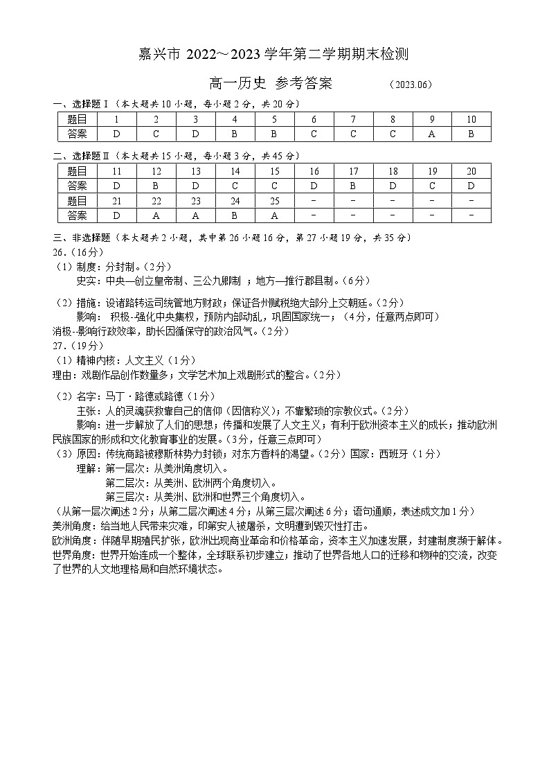 浙江省嘉兴市2022-2023学年高一下学期期末考试历史试题01