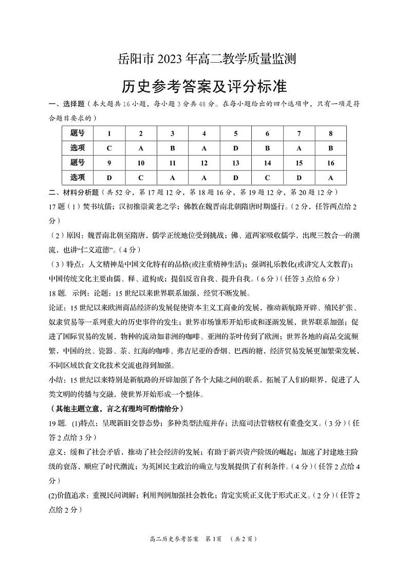 2023岳阳高二下学期期末试题历史PDF版含答案01