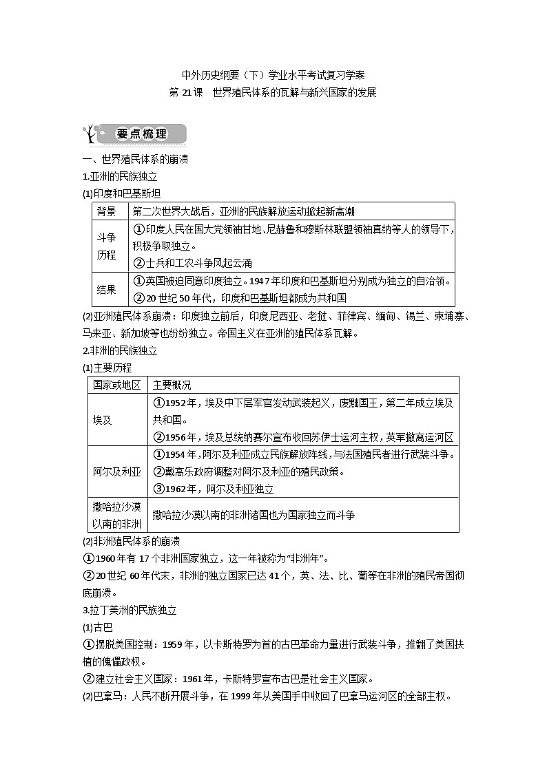 中外历史纲要（下）学业水平考试复习学案  第21课　世界殖民体系的瓦解与新兴国家的发展第1页