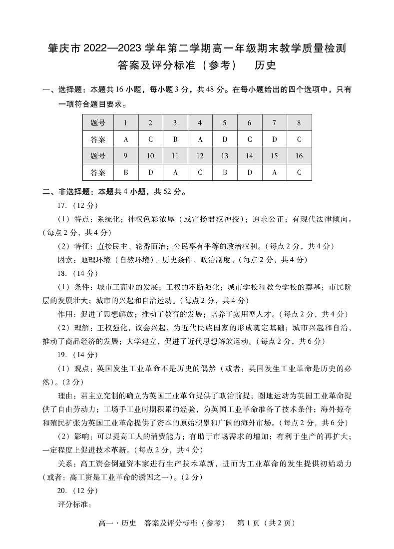 广东省肇庆市2022-2023学年高一下学期末考试历史试卷01